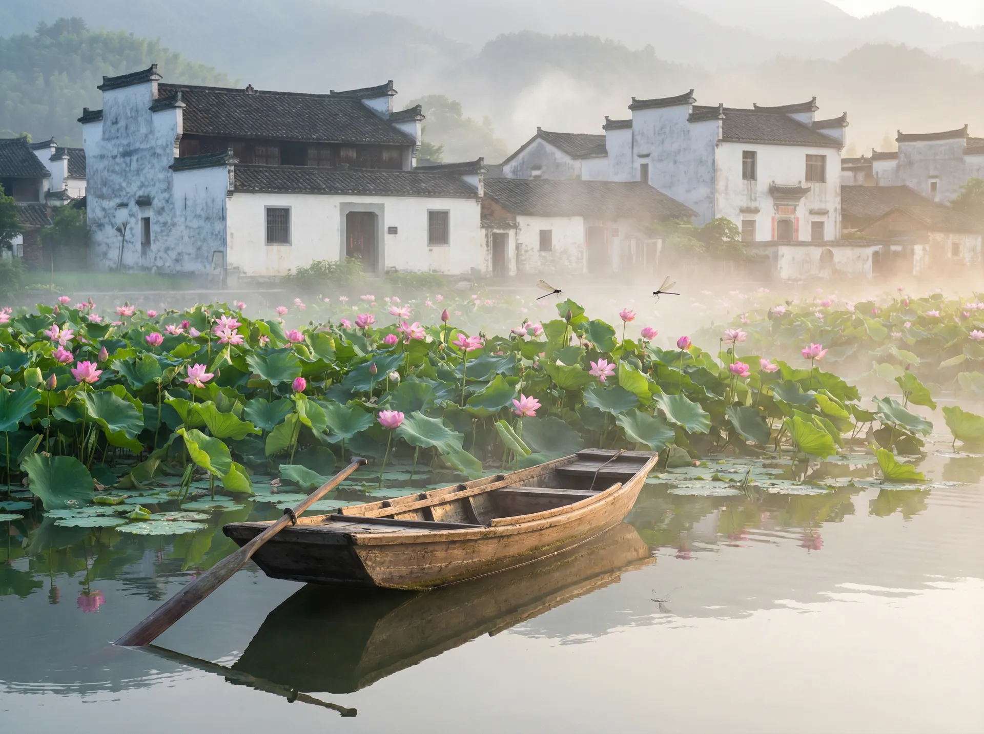 清晨荷塘小舟，粉色荷花盛开，白墙黑瓦的村庄 - 黄义达为什么出家 水乡风情